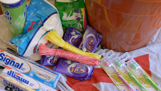 A photo of a typical hygiene kit for families affected by disaster