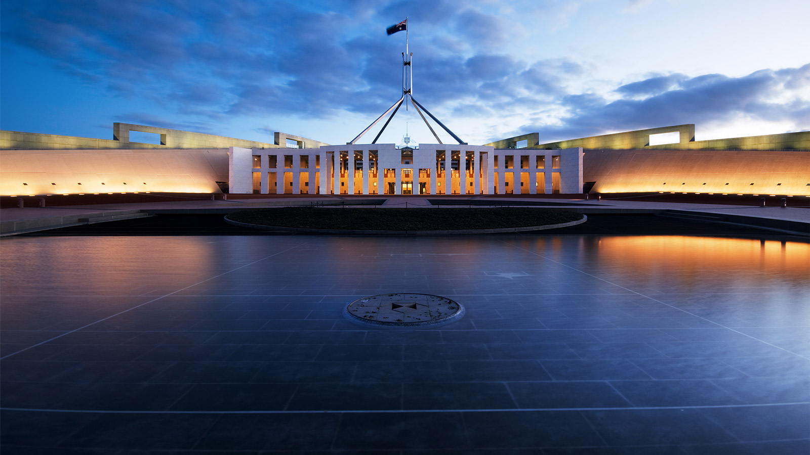 Shot of Australian Parliament House at night.