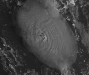 Satelite image of Hunga Tonga-Hunga Ha'apai erupting on 13 January 2022