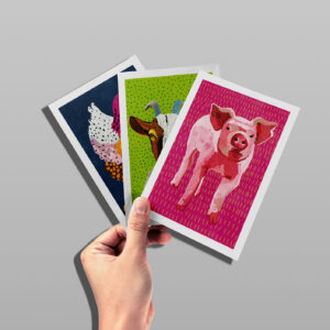 A hand holds three Better World Gift cards representing our Farmyard Fun bundle