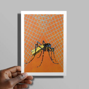 The Stop Malaria card in hand in front of a grey background