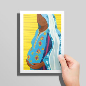 The Safe Birth card in hand in front of a grey background