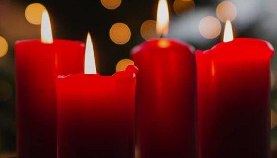 A photo of four red candles lit in front of a Christmas tree