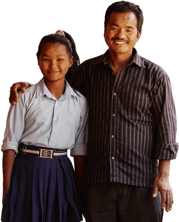 A young girl in her school uniform poses with her father