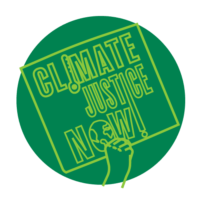 Icon of a hand holding up a sign that reads 'Climate Justice Now'