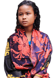 A young Bangladeshi girl wearing a colourful scarf looks off to the side