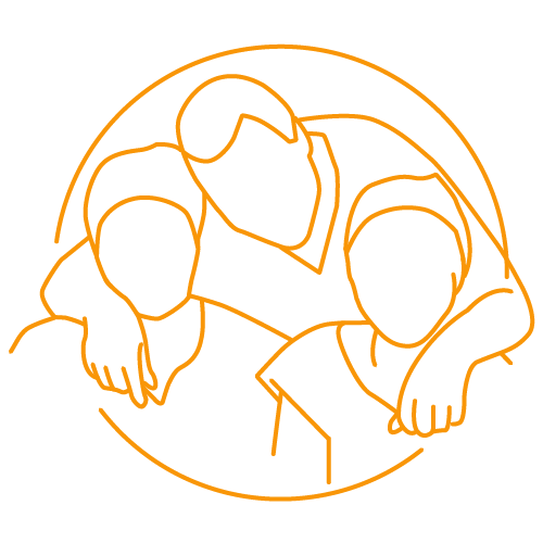 Outline of three people embracing