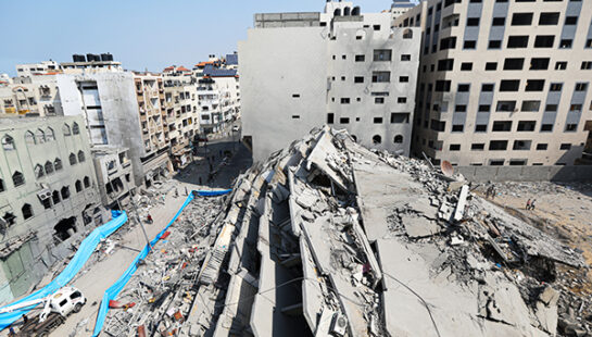 Collapsed buildings in the Middle East conflict