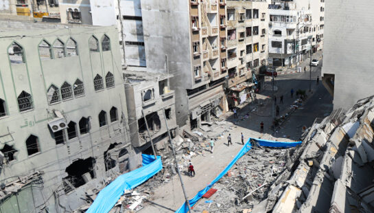 Collapsed buildings in the Middle East conflict
