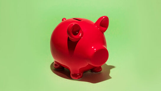 Red piggy bank on green background