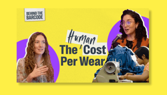 Yellow thumbnail tile with Kat and Hannah. Title is 'The Human Cost Per Wear'