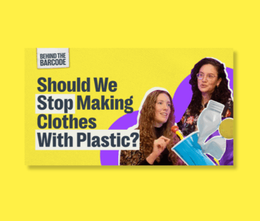 Yellow thumbnail tile with Kat and Hannah on the cover. Title says 'Should we stop making clothes with plastic?'