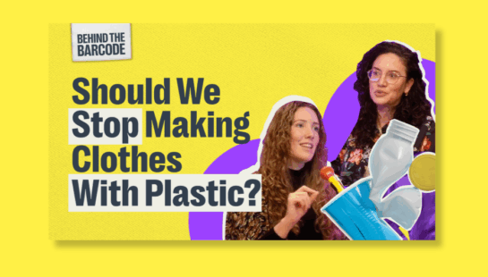 Yellow thumbnail tile with Kat and Hannah on the cover. Title says 'Should we stop making clothes with plastic?'