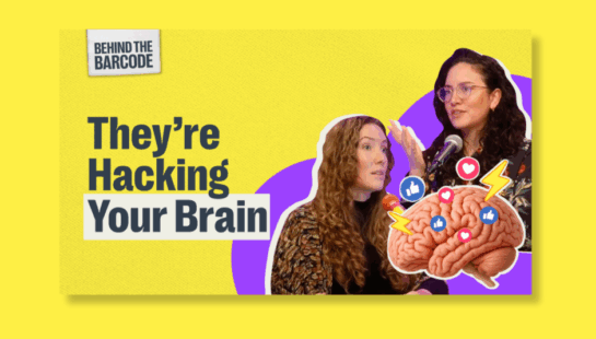 Yellow thumbnail tile with Kat and Hannah on the cover. Title says 'They're hacking your brain'