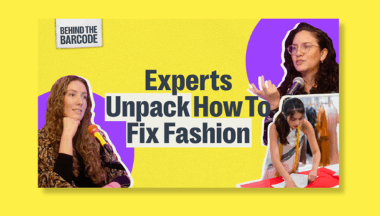 Yellow thumbnail tile with Kat and Hannah on the cover. Title says 'Experts unpack how to fix fast fashion'